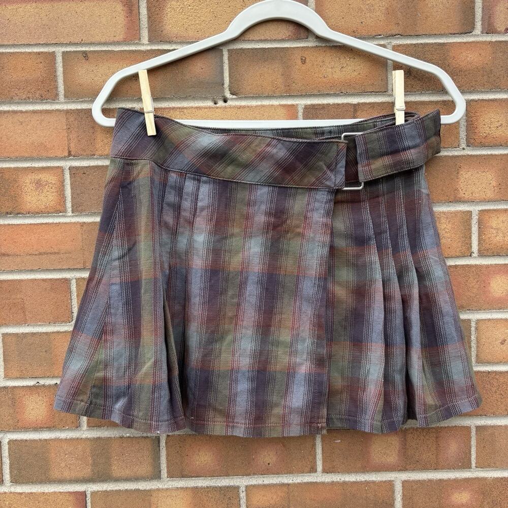 NWT UNIF Plaid Mini Skirt Button Belt Buckle Sz Small Cotton